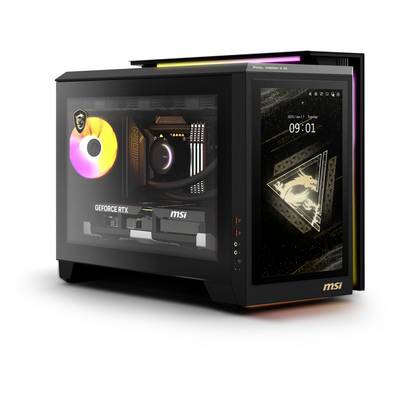 Kleiner Gaming-PC mit durchsichtigem Gehäuse. Sichtbar sind beleuchtete Lüfter, GeForce RTX-Grafikkarte und MSI-Logos.