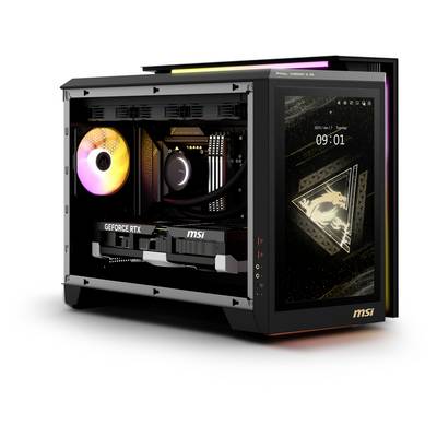 Ein Gaming-PC mit beleuchteten Komponenten und einem Monitor, der 'MSI' und die Uhrzeit 09:01 anzeigt. Enthält eine 'GeForce RTX'-Grafikkarte.