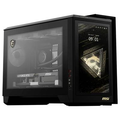 Ein schwarzer Desktop-Computer mit durchsichtiger Seitenwand zeigt ein MSI-Motherboard und eine GeForce RTX-Grafikkarte. Auf dem Bildschirm ist ein Drache zu sehen.