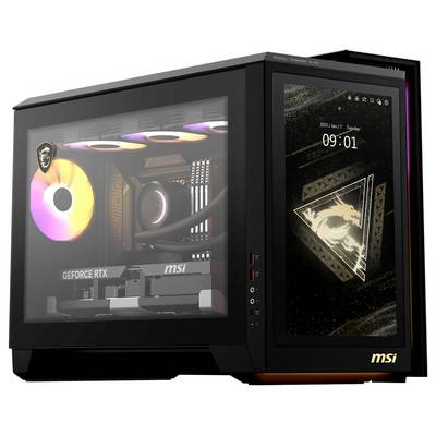 Ein moderner Desktop-PC mit beleuchteter Innenseite und sichtbarer Grafikkarte, Seitenpanel mit Display zeigt Uhrzeit und Datum an.