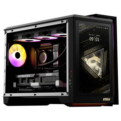 Ein Gaming-PC mit transparentem Gehäuse zeigt RGB-Beleuchtung und MSI-Hardware. Ein seitliches Display zeigt '09:01'.