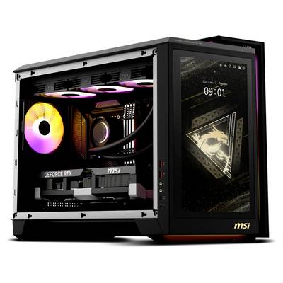Gaming-PC mit RGB-Beleuchtung, sichtbar ist eine GeForce RTX-Grafikkarte und ein MSI-Motherboard. Ein Bildschirm zeigt Uhrzeit und Datum.