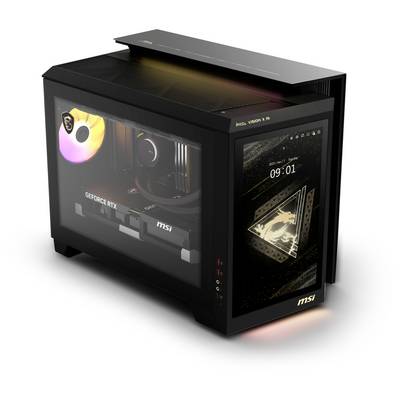 Schwarzer Gaming-PC mit sichtbarer Grafikkarte 'GEFORCE RTX' und beleuchtetem Gehäuse. Seitliches Display zeigt ein Logo und Uhrzeit.