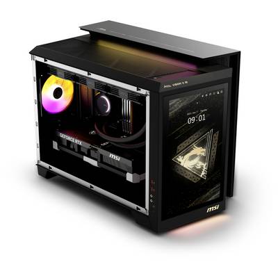 Ein Gaming-PC mit RGB-beleuchtetem Kühler und MSI GeForce RTX-Grafikkarte. Rechts ein seitlicher Bildschirm mit Uhranzeige.