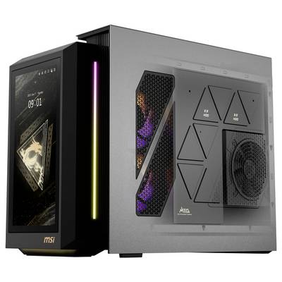 Gaming-Computergehäuse mit transparentem Seitenteil, LED-Beleuchtung und Lüfter. Markennamen und Uhrzeit auf Frontdisplay sichtbar.