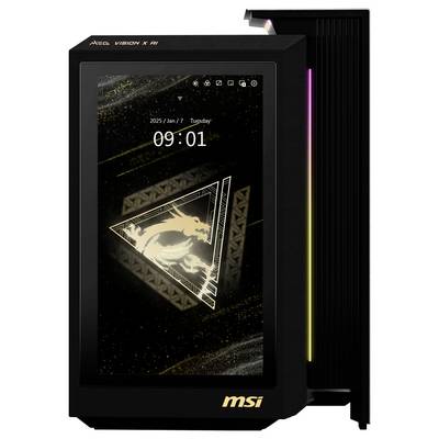 Ein schwarzer MSI-PC-Gehäuse mit einem Display, das Datum und Uhrzeit anzeigt. Ein Drachenlogo ist prominent auf dem Bildschirm sichtbar.