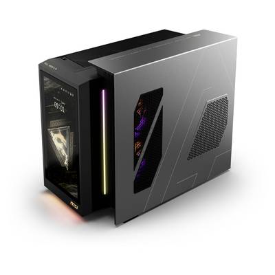 Ein moderner, kompakter Gaming-PC mit spezieller Gehäusebeleuchtung und sichtbaren internen Komponenten in einem stilvollen Gehäuse.