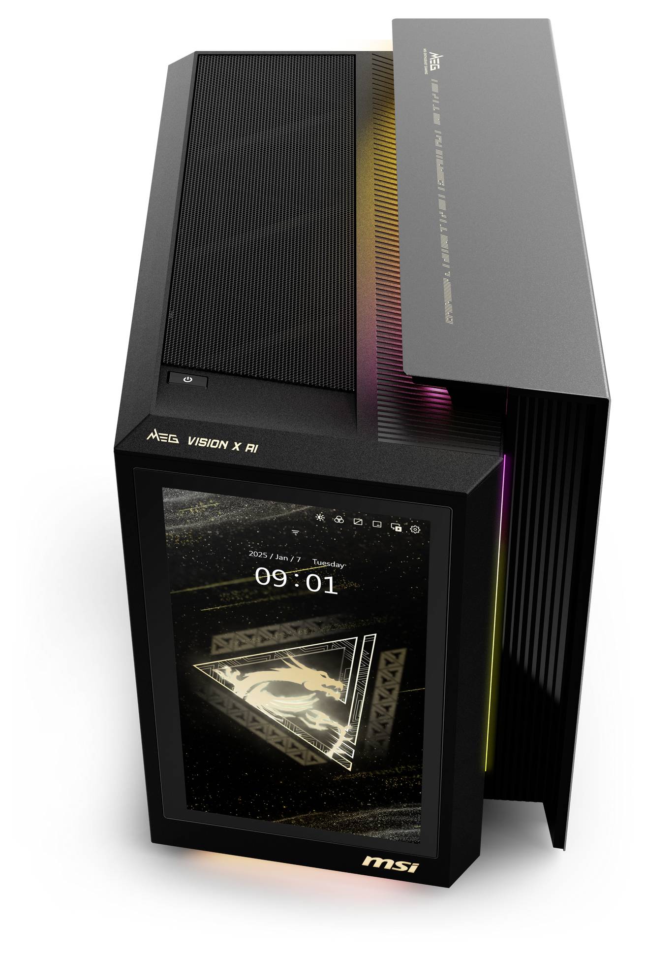 Ein futuristischer Computer mit auffälligem Design und beleuchtetem Display, zeigt die Uhrzeit '09:01'. Der Bildschirm hat ein Drachen-Logo.