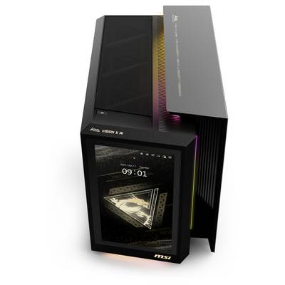 Ein futuristischer Computer mit auffälligem Design und beleuchtetem Display, zeigt die Uhrzeit '09:01'. Der Bildschirm hat ein Drachen-Logo.