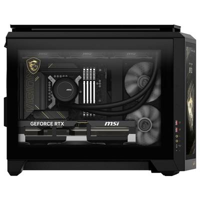 Ein Computergehäuse mit durchsichtigem Seitenpanel zeigt eine Grafikkarte mit 'GEFORCE RTX'-Beschriftung und zwei Lüfter.