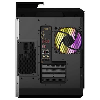Rückseite eines PCs mit Lüfter und farbigen LED-Lichtern. Verschiedene Anschlüsse sichtbar, darunter USB- und HDMI-Ports.