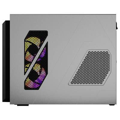 Ein graues Computergehäuse mit seitlicher Lüfteröffnung, durch die bunte LED-Lichter von Lüftern sichtbar sind.