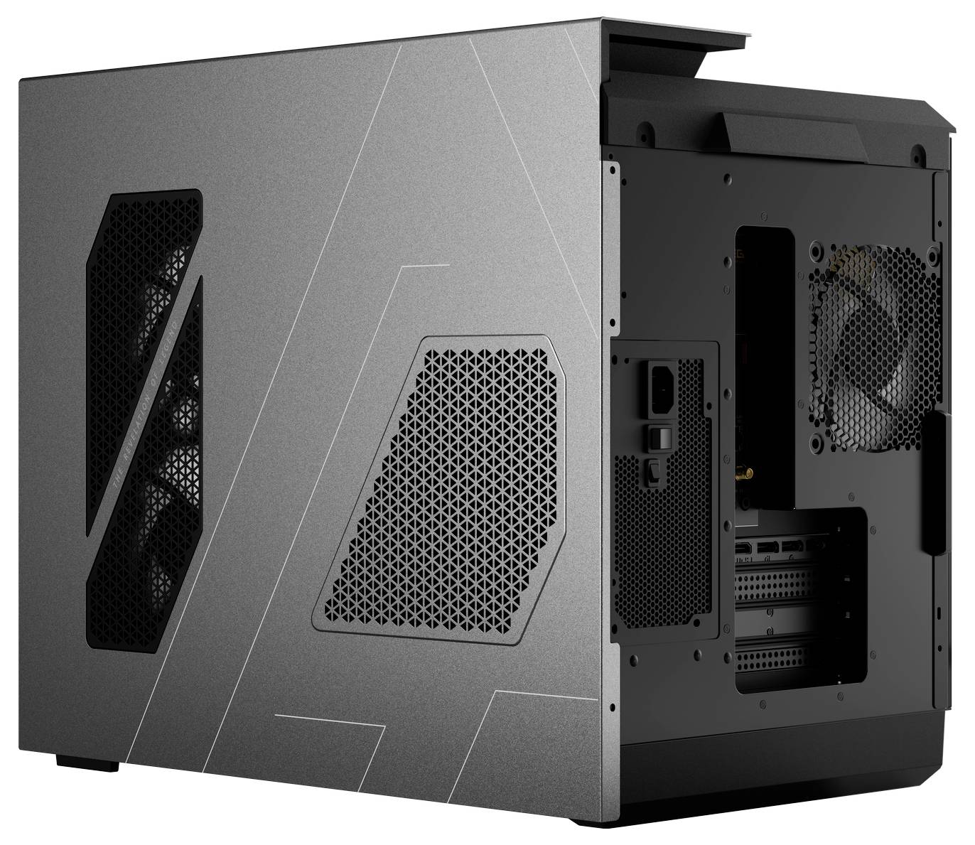 Ein moderner Computer-Tower mit Seitenbelüftungsöffnungen, grafischen Mustern und einem offenen Rückenteil für Anschlüsse und Lüfter.