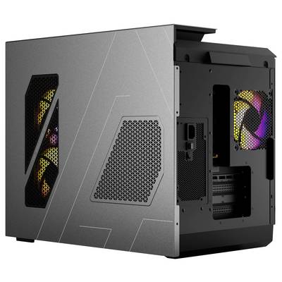 Computer-Gehäuse mit offenen Seiten, sichtbar sind interne Lüfter mit bunten Lichtern. Ventilationsöffnungen an den Seiten.