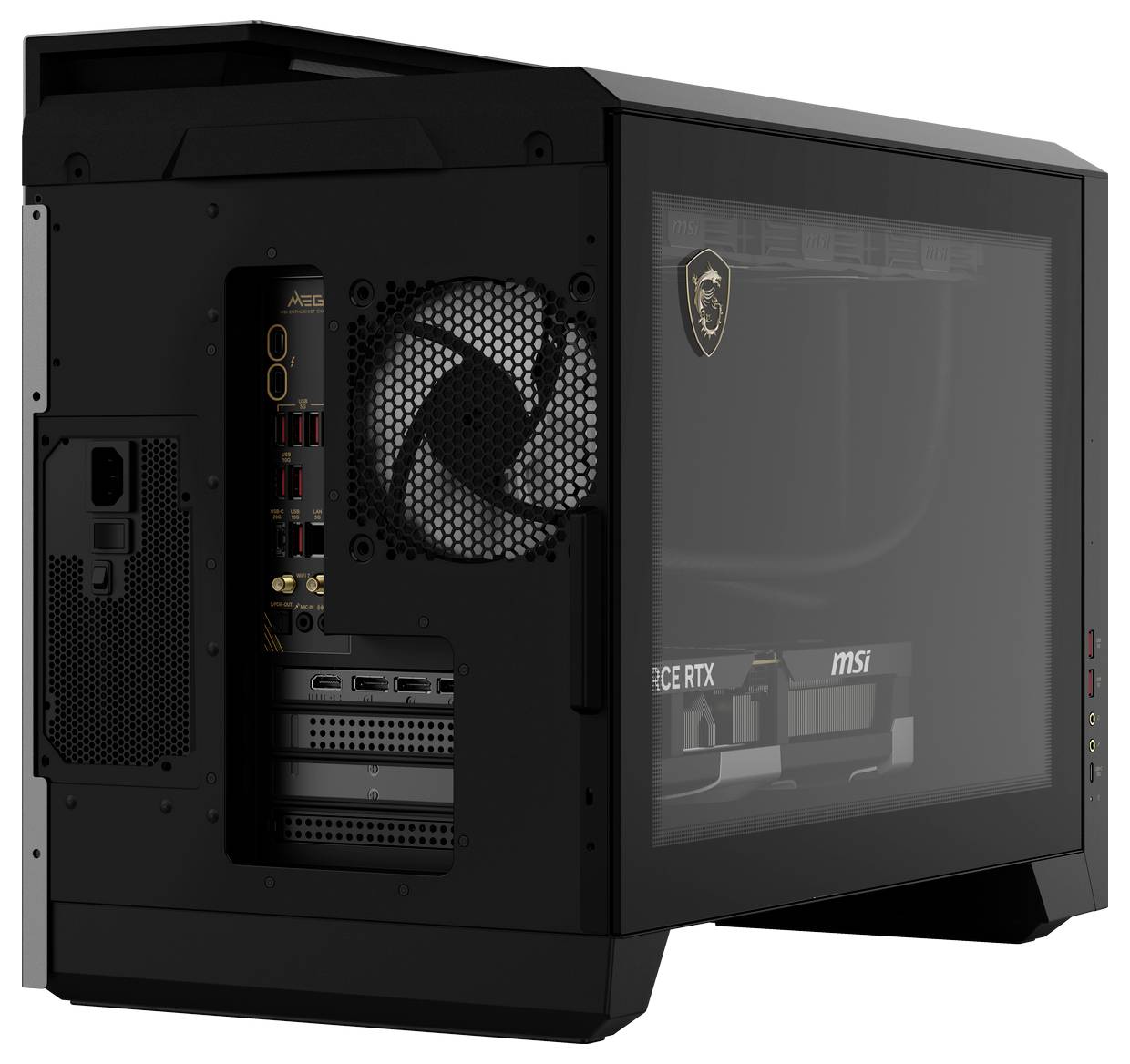 Ein schwarzer Computergehäuse mit Seitenfenster zeigt eine installierte Grafikkarte und Lüfter; geeignet für Gaming oder Leistung.
