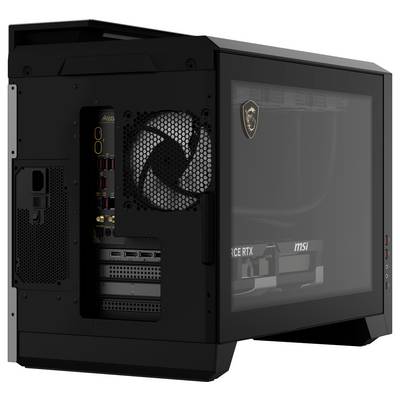 Ein schwarzer Computergehäuse mit Seitenfenster zeigt eine installierte Grafikkarte und Lüfter; geeignet für Gaming oder Leistung.