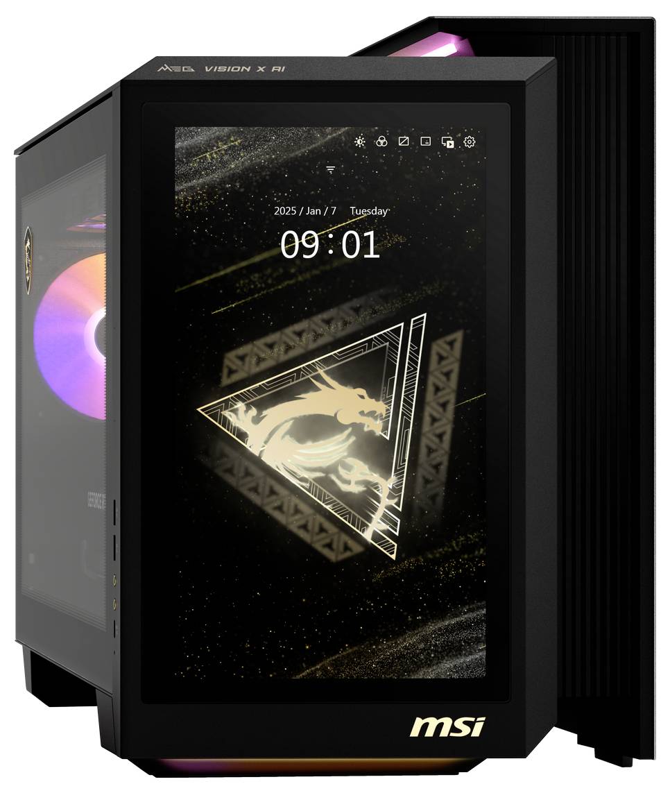 Ein moderner Gaming-PC mit RGB-Beleuchtung und einem digitalen Bildschirm an der Vorderseite. Zeigt Datum und Uhrzeit '09:01, 2025 / Jan / 7, Tuesday'.