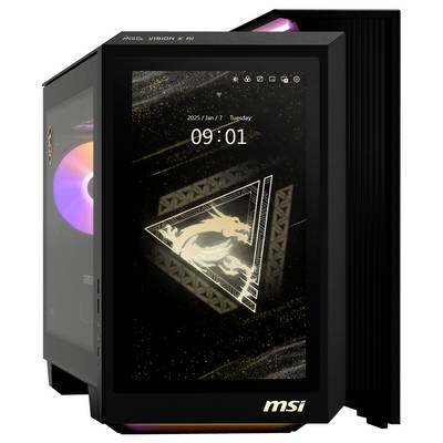 Ein moderner Gaming-PC mit RGB-Beleuchtung und einem digitalen Bildschirm an der Vorderseite. Zeigt Datum und Uhrzeit '09:01, 2025 / Jan / 7, Tuesday'.