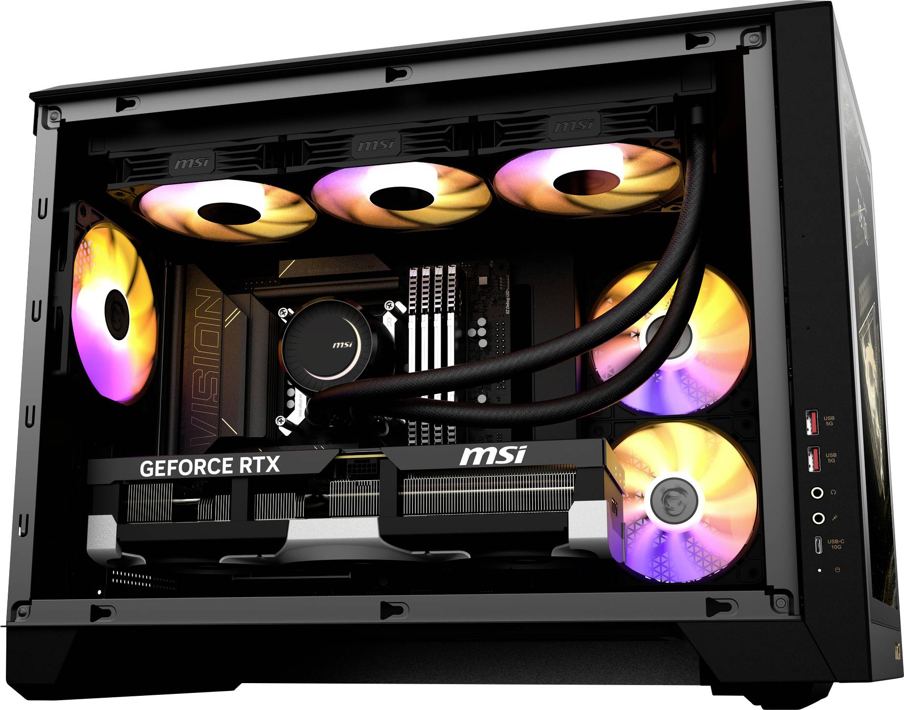 PC-Gehäuse mit transparentem Seitenpanel, zeigt RGB-beleuchtete Lüfter, 'MSI' Grafikkarte und Wasserkühlung im Inneren.