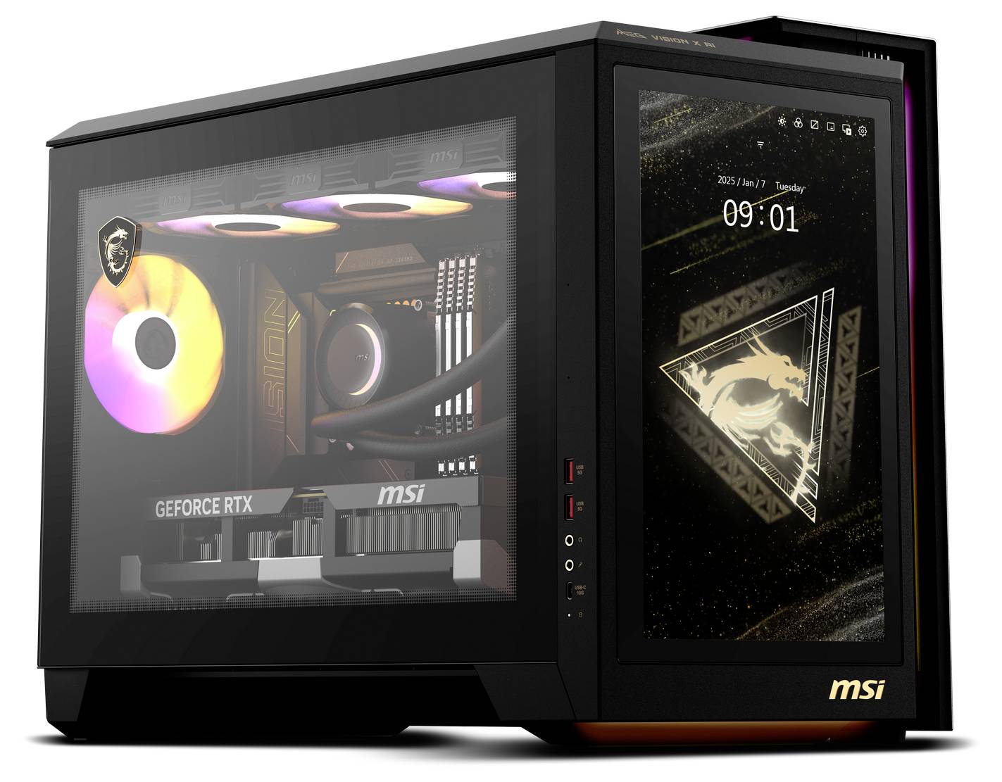 Schwarzes MSI-PC-Gehäuse mit transparentem Seitenfenster, zeigt integrierte RGB-Beleuchtung und GEFORCE RTX-Grafikkarte.