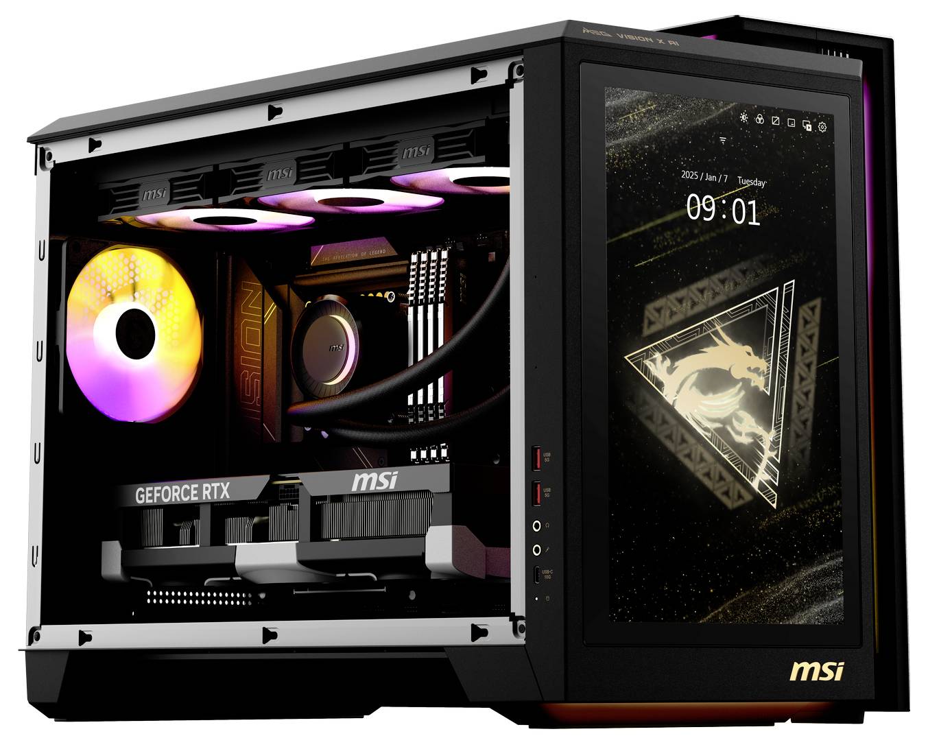 Ein Gaming-PC mit offener Seitenwand zeigt bunte Beleuchtung, eine RTX-Grafikkarte und ein MSI-Display mit Drachen-Logo.