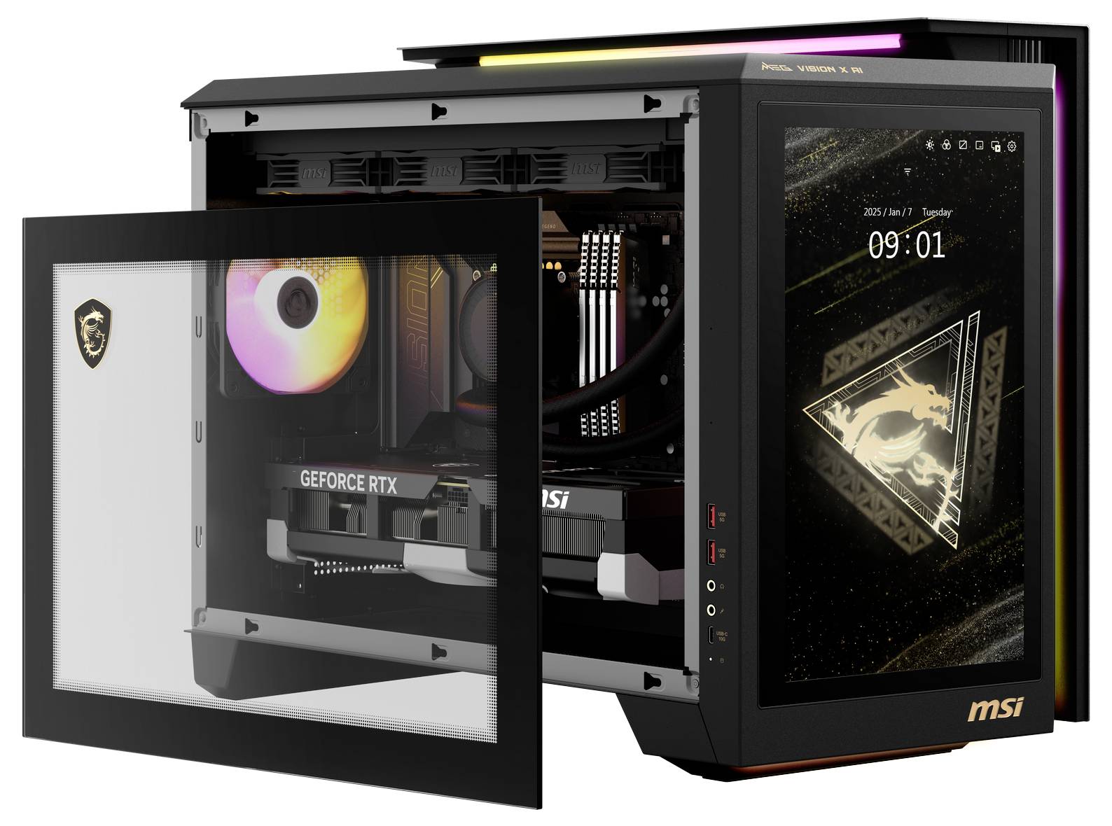 Ein offener Gaming-PC mit beleuchtetem Innenraum und Grafikkarte, zeigt auf dem Bildschirm die Uhrzeit '09:01' und das Datum '2023.09.11'.