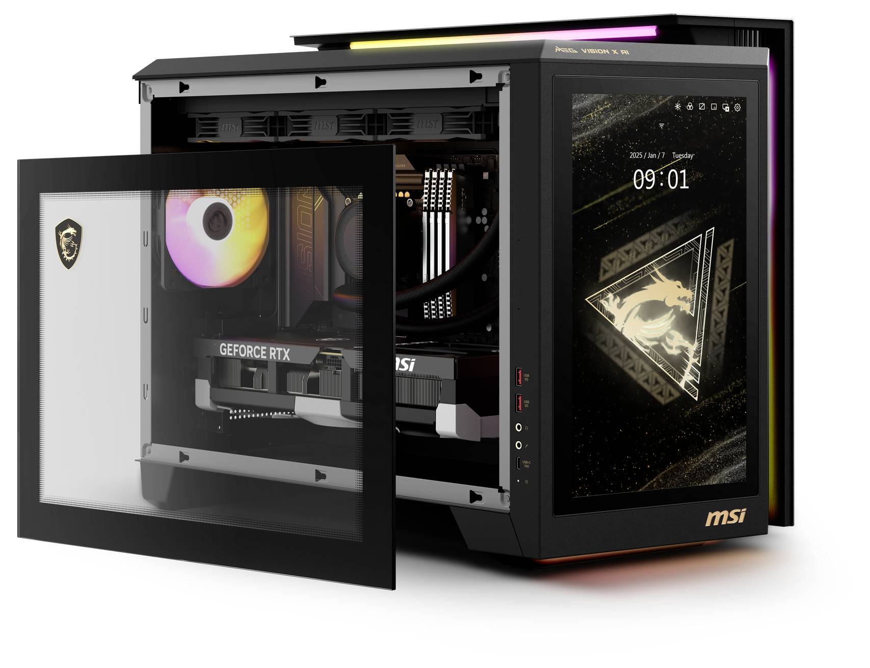 Ein moderner Gaming-Computer mit einem transparenten Gehäuse zeigt die Hardware-Innenansicht. Ein Bildschirm zeigt ein MSI-Logo und die Uhrzeit 09:01.