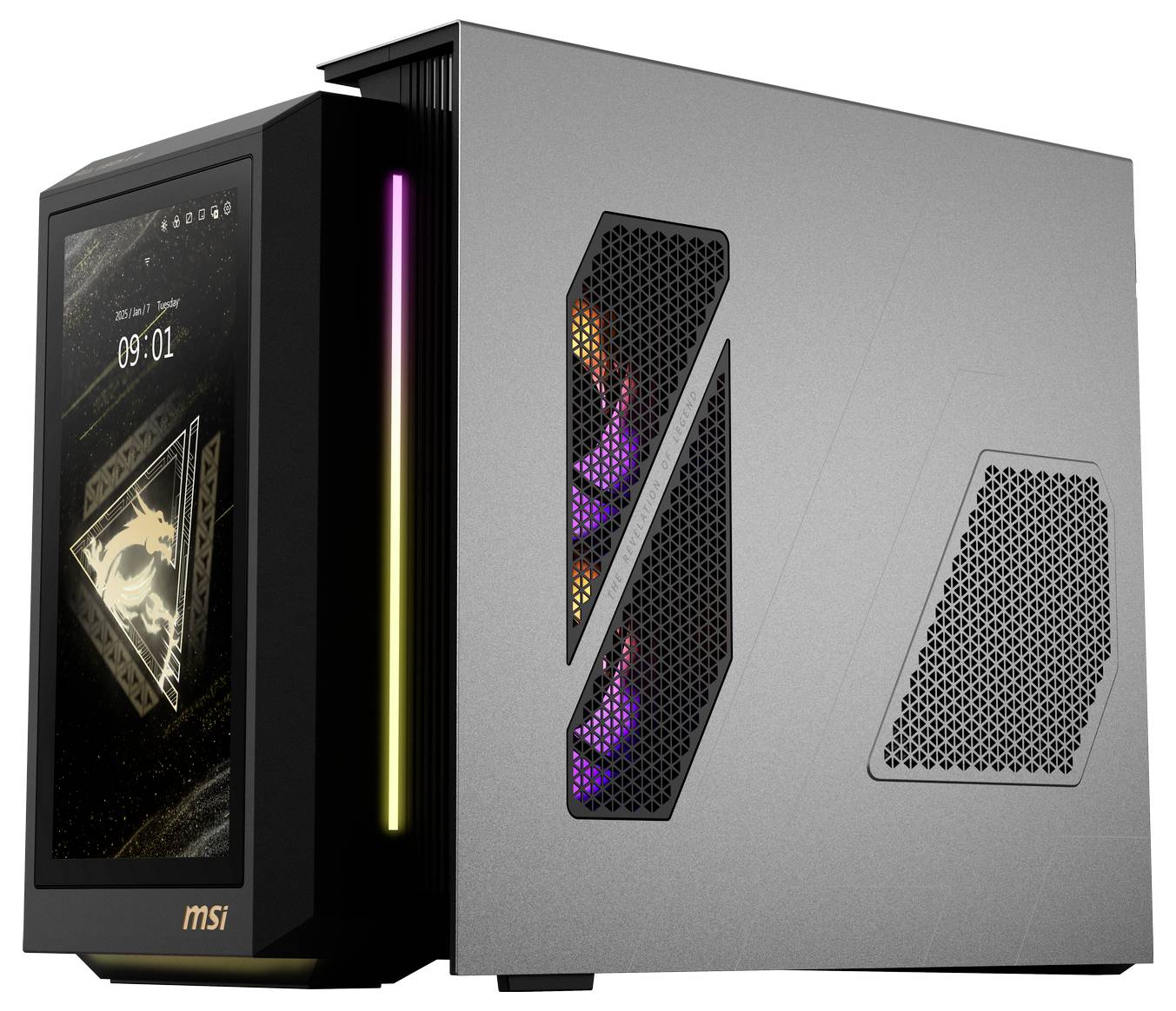 Gaming-PC-Gehäuse mit modernem Design, seitlichem Lüftergitter und integriertem Bildschirm, der die Uhrzeit anzeigt.