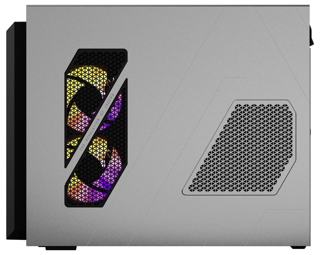 Graues PC-Gehäuse mit seitlichem, dunklem Gitter. Darunter bunte LED-beleuchtete Lüfter. Rechteckige Form, moderne Gestaltung.