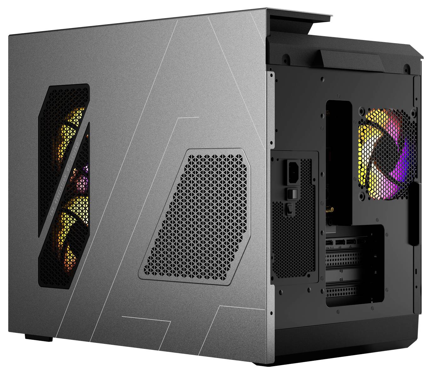 Ein moderner Computergehäuse mit leuchtenden Lüftern und stilvollem, geometrischen Design. Seitenwände mit Belüftungsgittern.