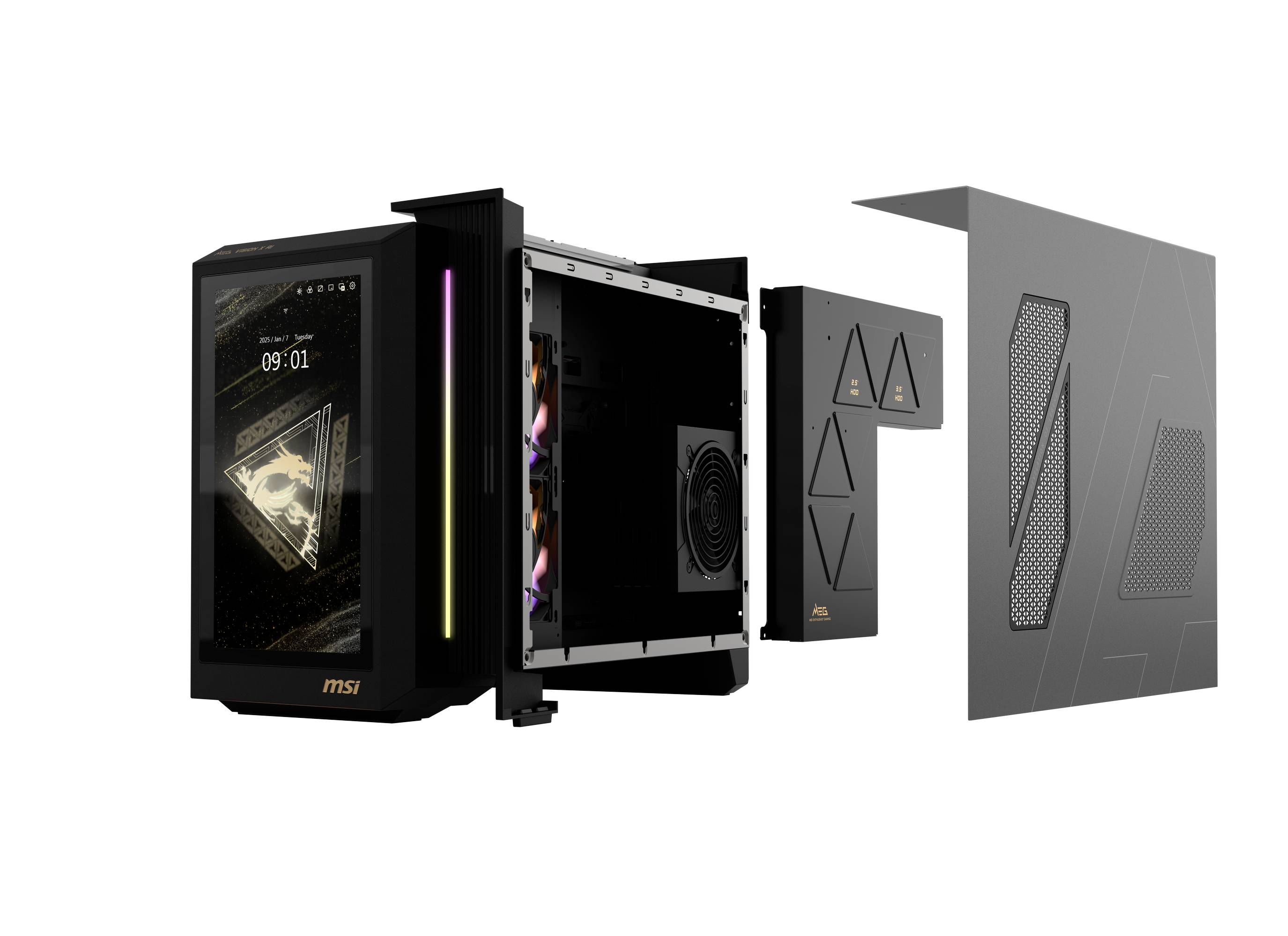 Explodierte Ansicht eines MSI-PC-Gehäuses mit sichtbaren Komponenten: Vorderseite, Lüfter, Innenstruktur und abnehmbarer Rückwand.