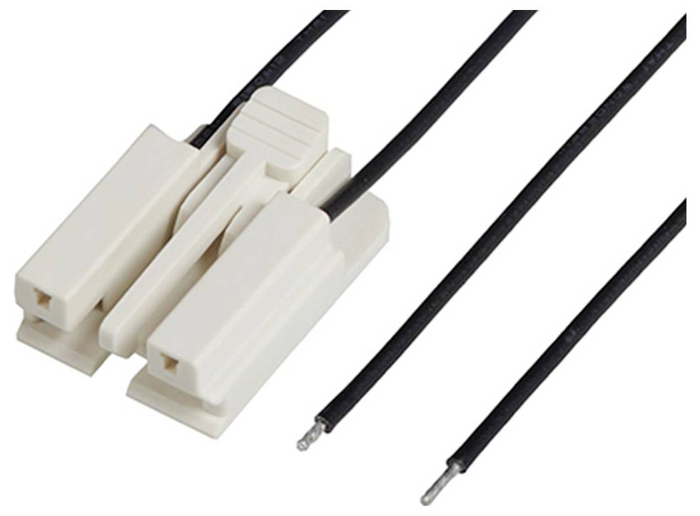 Zwei weiße Steckverbinder mit schwarzen Kabeln, Drahtenden ohne Isolierung. Geeignet für elektrische Verbindungen.
