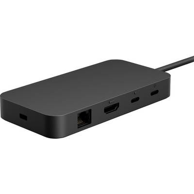 Ein schwarzes USB-C-Dockingstation mit mehreren Anschlüssen: Ethernet, HDMI und zwei USB-C-Ports, geeignet für Laptop-Anbindungen.
