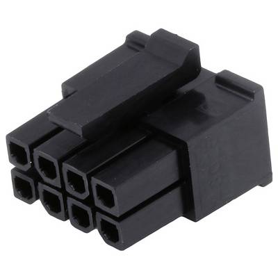 Ein schwarzer Kunststoffstecker mit acht rechteckigen Anschlüssen in zwei Reihen. Verwendet für Strom- oder Datenverbindungen.