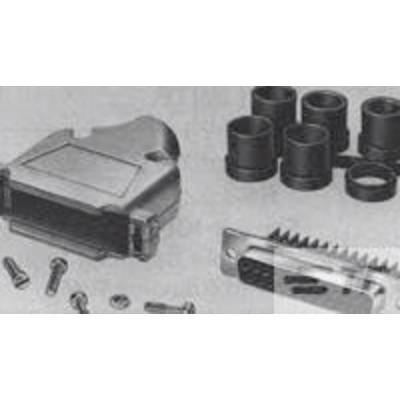 Metall- und Kunststoffteile eines D-Sub-Steckverbindersets, darunter Gehäuse, Schrauben, Buchseneinsätze und Klemmen.