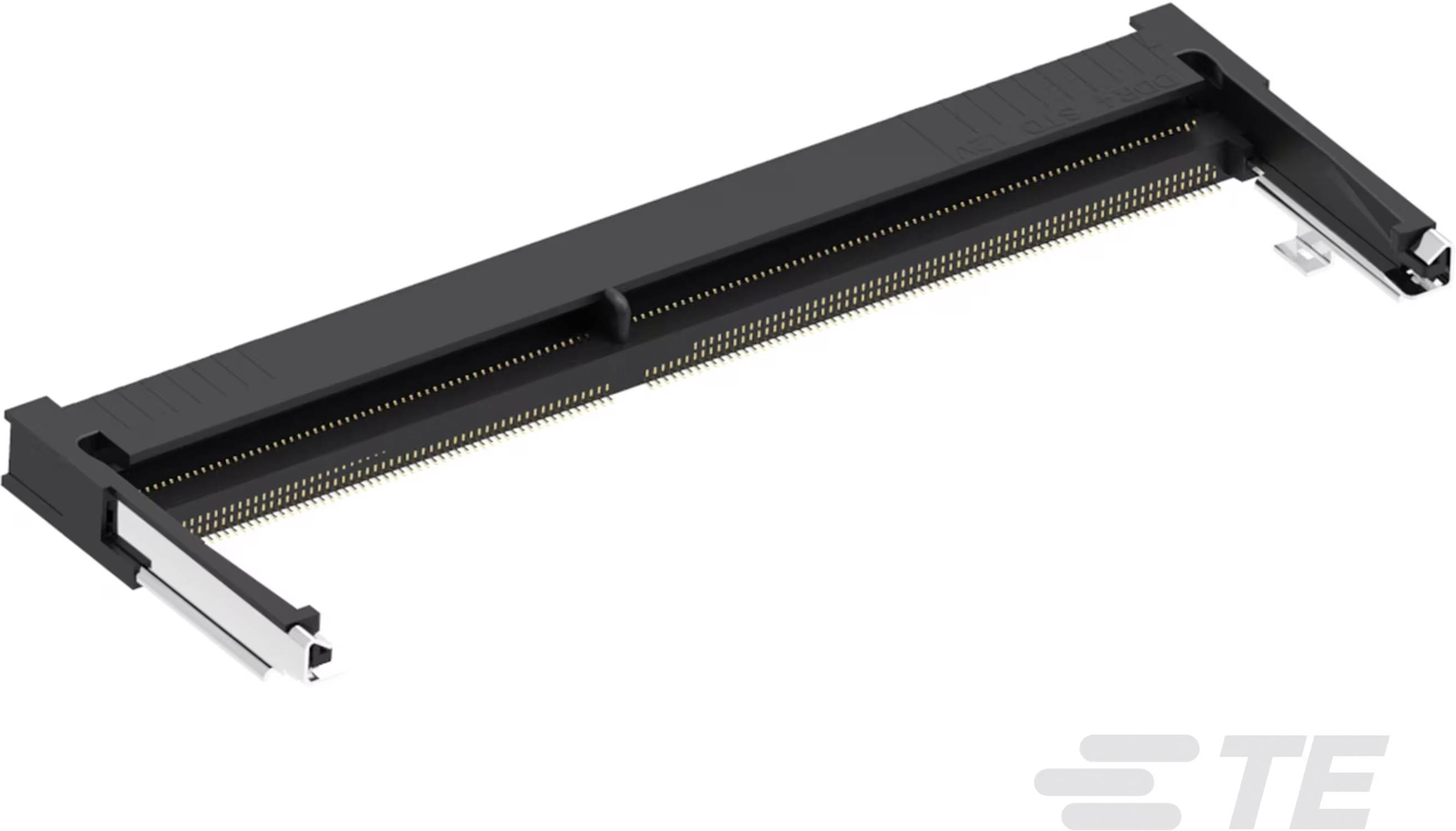Langsteckverbinder, horizontal ausgerichtet, hauptsächlich in elektronischen Geräten verwendet. Markierung 'TE' unten rechts sichtbar.