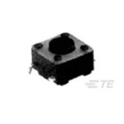 Kleiner quadratischer elektronischer Taster, schwarz, mit vier Lötanschlüssen. Verwendet zur Steuerung elektrischer Geräte.