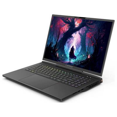 Ein Laptop mit bunter Tastaturbeleuchtung zeigt ein fantastisches Kunstwerk auf dem Bildschirm, das einen Wald mit einer Figur darstellt.
