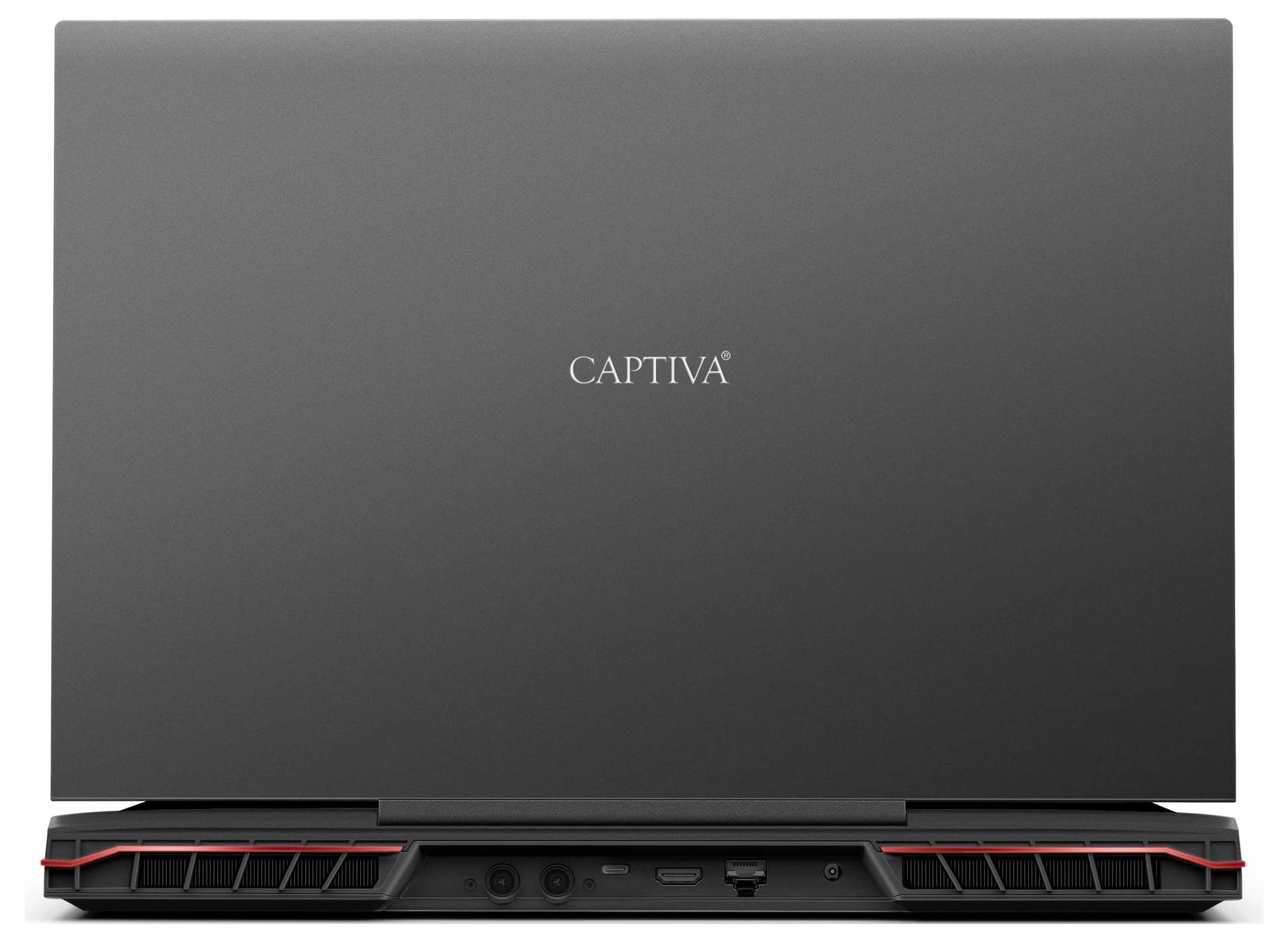 Ein Laptop mit der Aufschrift 'CAPTIVA' auf der Rückseite. Das Design ist schlicht und modern, mit rot hervorgehobenen Lüftungsschlitzen.