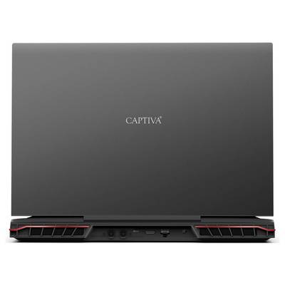 Ein Laptop mit der Aufschrift 'CAPTIVA' auf der Rückseite. Das Design ist schlicht und modern, mit rot hervorgehobenen Lüftungsschlitzen.