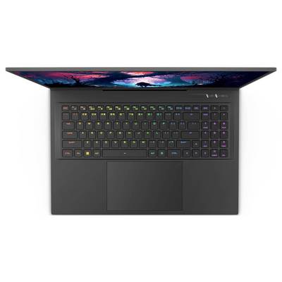 Ein schwarzer Laptop mit bunten, beleuchteten Tasten. Der Bildschirm zeigt eine farbenfrohe Illustration mit Rottönen und Blau.