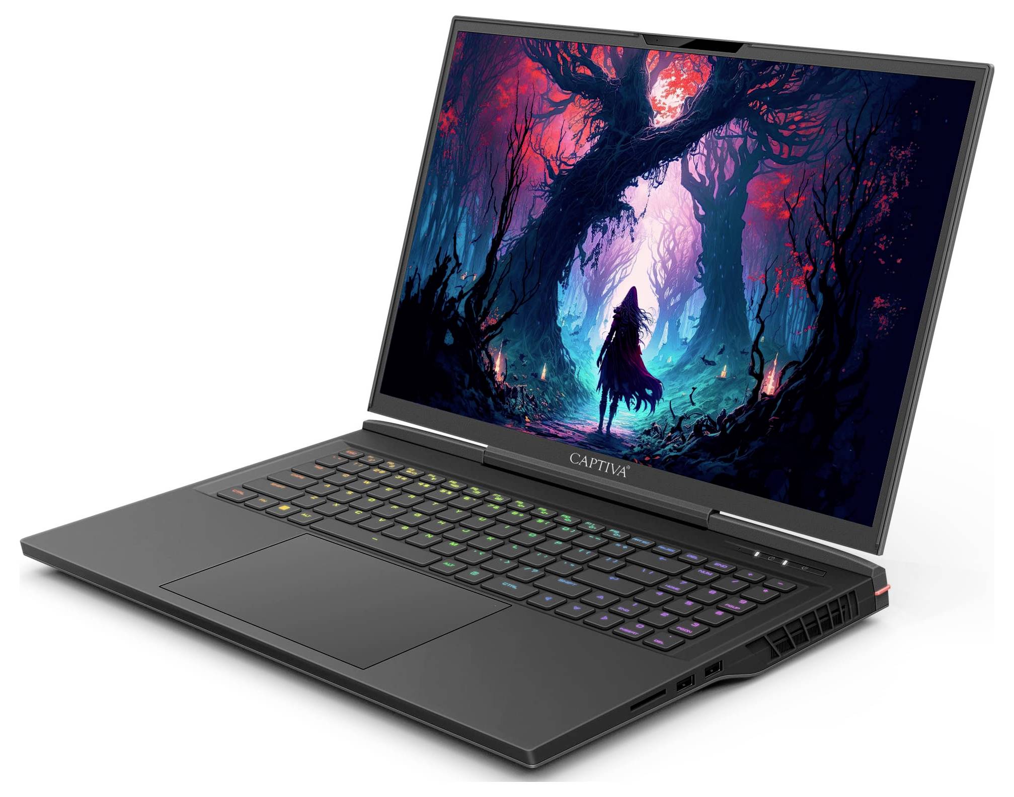 Ein Laptop mit einem leuchtenden, farbenfrohen Fantasy-Hintergrundbild auf dem Bildschirm, das eine Figur in einem Wald zeigt.