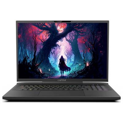 Ein Laptop zeigt ein farbenfrohes, mystisches Waldmotiv auf dem Bildschirm. Eine Figur mit Umhang steht im Zentrum eines verwunschenen Pfades.