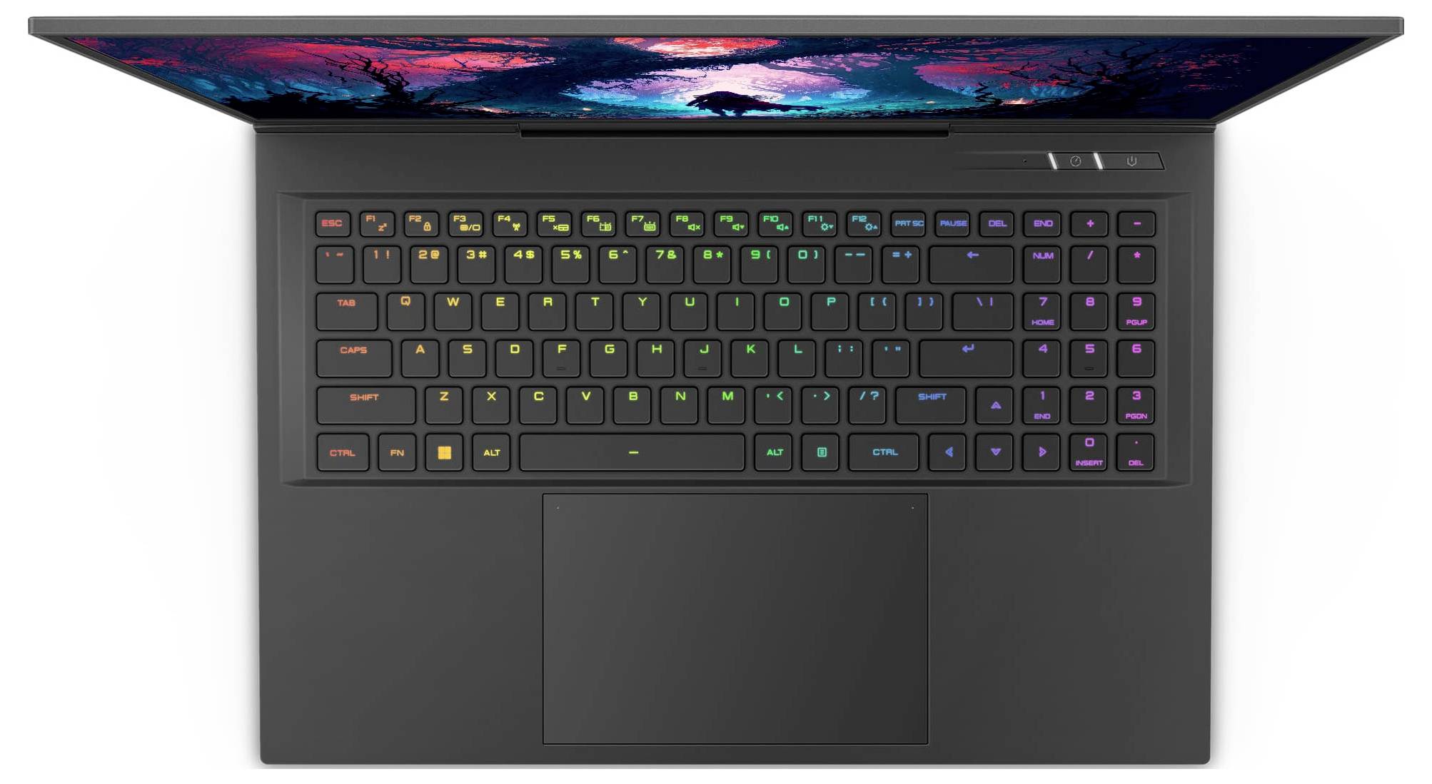 Schwarzer Laptop von oben, beleuchtete Tastatur in Regenbogenfarben, Bildschirm zeigt farbenfrohes abstraktes Bild.