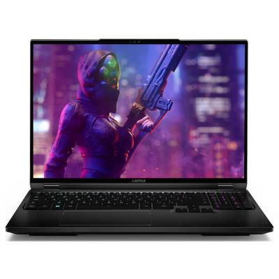 Ein Laptop mit Frontansicht, beleuchteter Tastatur und einem Bildschirm, das eine futuristische Figur mit Waffe in einer urbanen Umgebung zeigt.