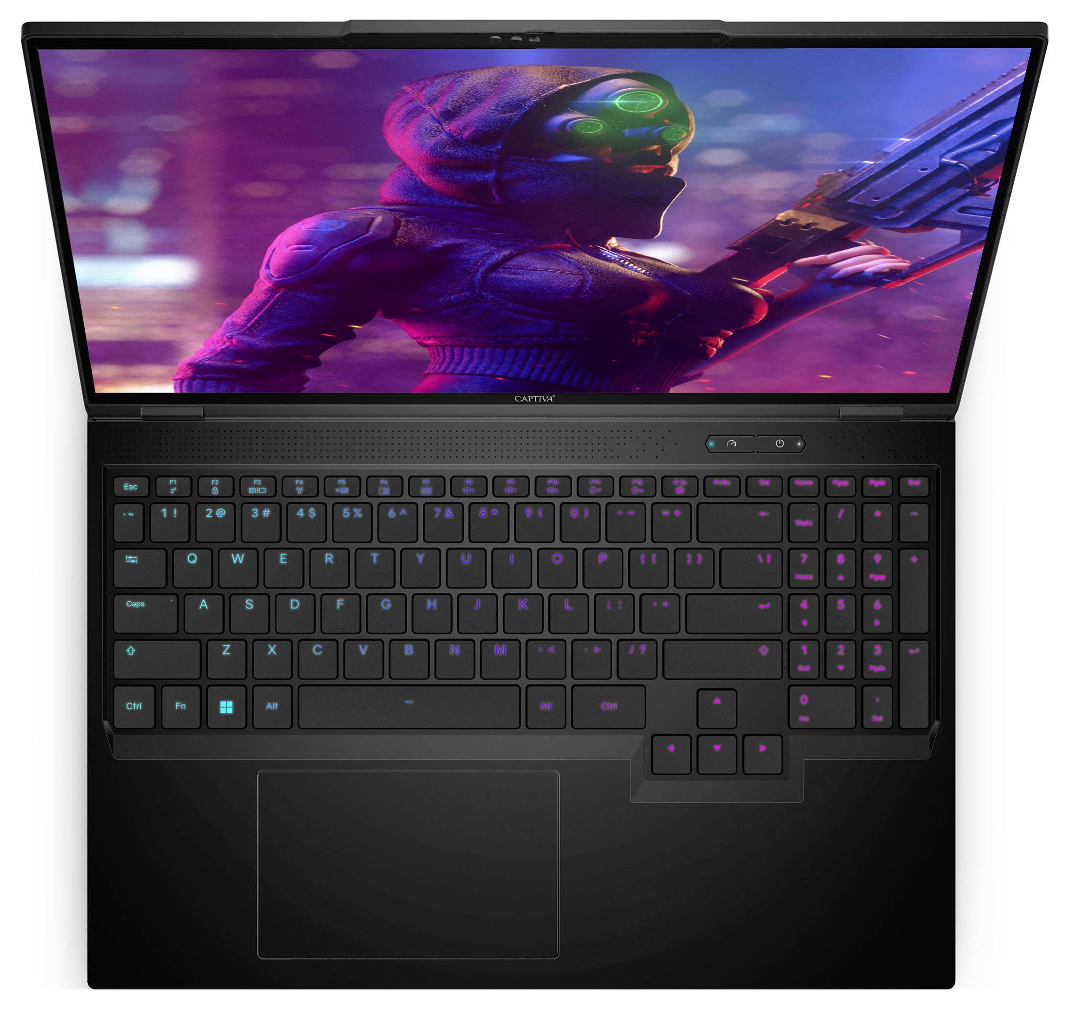 Ein Laptop mit beleuchteter Tastatur zeigt ein farbenfrohes Sci-Fi-Bild auf dem Bildschirm, das eine gepanzerte Figur mit Waffe darstellt.