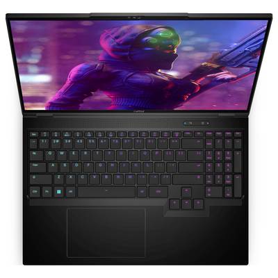 Ein Laptop mit beleuchteter Tastatur zeigt ein farbenfrohes Sci-Fi-Bild auf dem Bildschirm, das eine gepanzerte Figur mit Waffe darstellt.