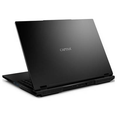 Ein schwarzer Laptop von hinten gesehen, mit dem Schriftzug 'CAPTIVA' auf dem Deckel. Der Laptop ist leicht geöffnet und zeigt Anschlüsse.