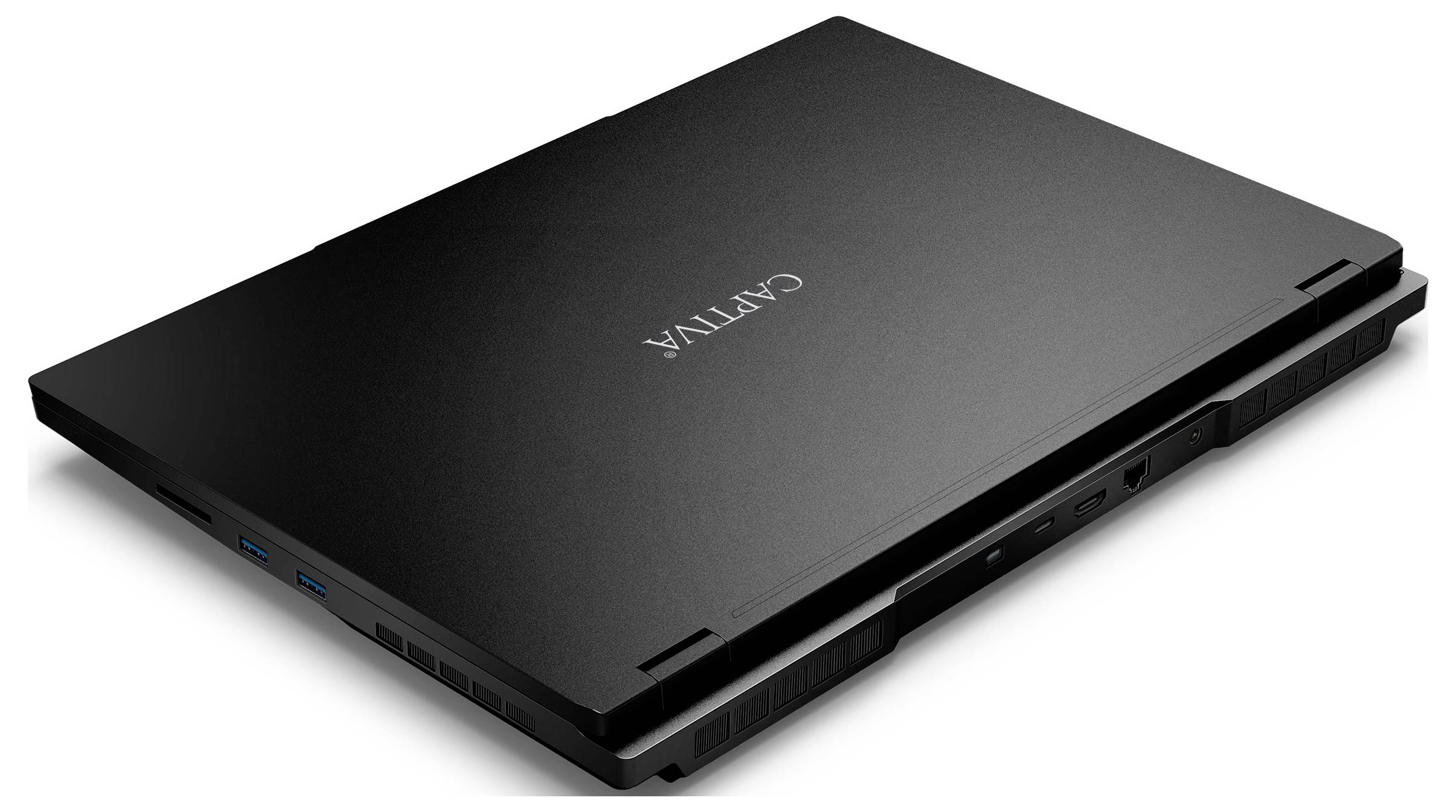 Ein geschlossenes, schwarzes Laptop der Marke Caltya, Ansicht von hinten-links. Ports und Lüftungsschlitze sind sichtbar.