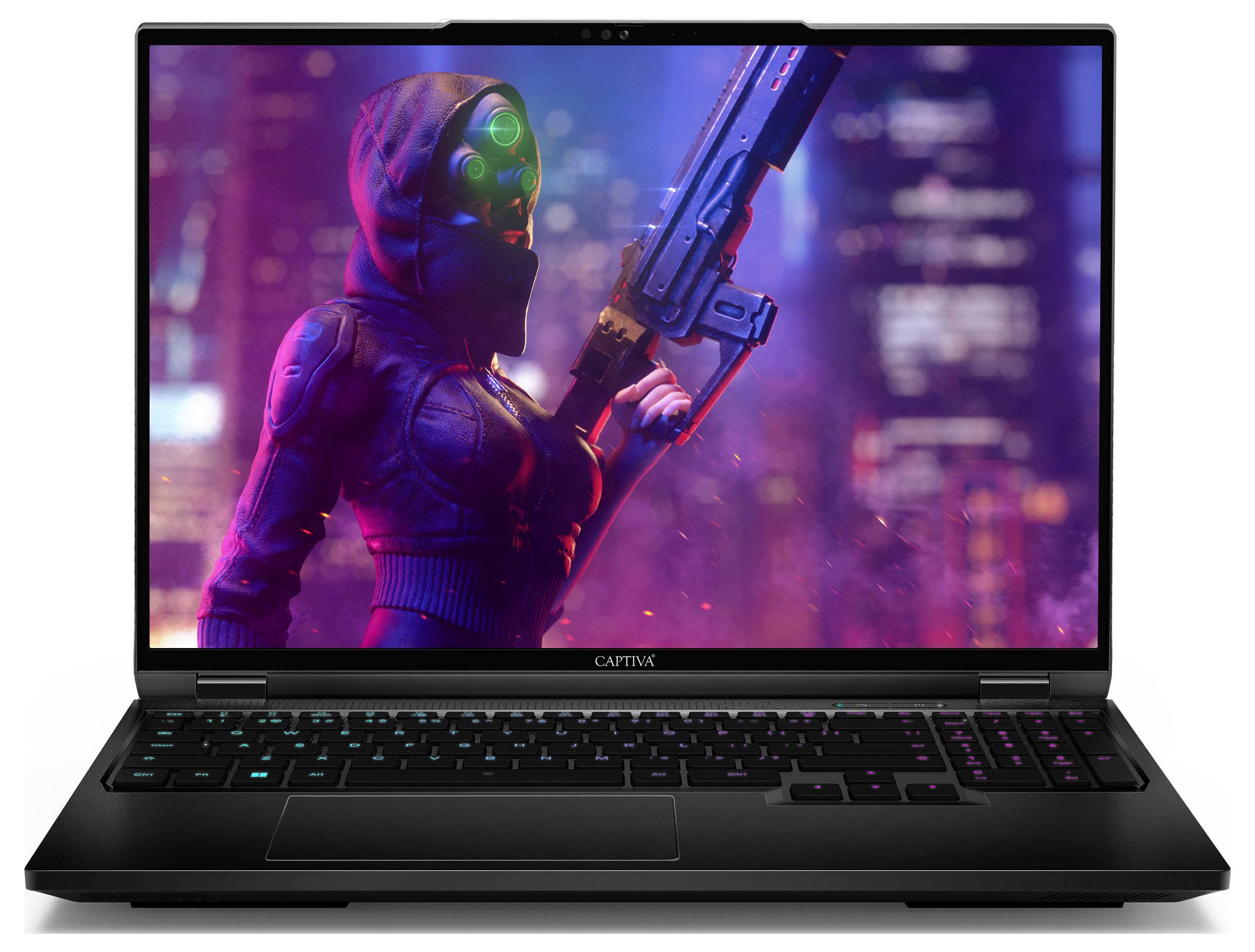 Ein Laptop zeigt ein Sci-Fi-Bild einer gepanzerten Figur mit futuristischer Waffe vor einer neonbeleuchteten Stadt.